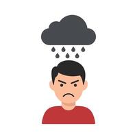 Sad man under dark cloud with rain in flat art vector