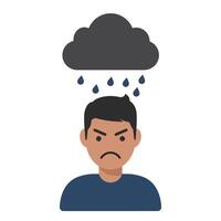 Sad man with cloud and rain above his head in flat illustration vector
