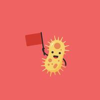 Cartoon-style bacteria character holding a red flag in bright flat art vector