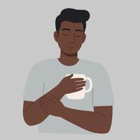 Man holding a mug with a calm expression in flat art vector