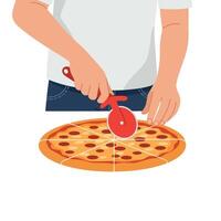 Hands slicing pizza with a cutter in flat minimal illustration vector