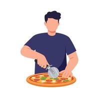 Person using pizza cutter on freshly baked pizza in flat design art vector