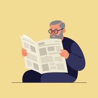 Elderly man reading newspaper in flat minimal art style vector
