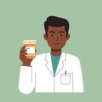 Doctor holding a prescription bottle in flat art style with green background and minimal design elements vector