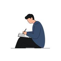 Person sitting and writing in notebook with minimal flat design art vector