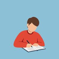 Young boy writing in a notebook with a flat design style illustration vector