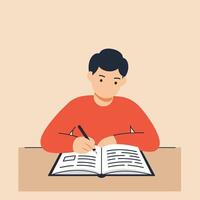 Young man studying diligently with a notebook in flat art style vector
