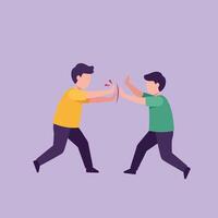 Two cartoon characters engaging in playful tug-of-war game in flat art vector