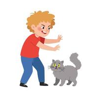 Child playing with a gray cat in a flat, colorful illustration vector