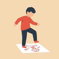 Child stepping on drawing in playful flat design art vector