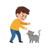 Boy with angry expression reaching towards a gray cat in flat art vector