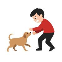 Playful interaction between a boy and a dog in flat art vector