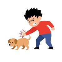 Playful interaction between a angry boy and a dog in flat art vector
