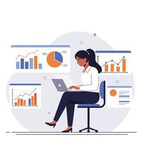 Businesswoman using laptop while analyzing charts in flat art vector