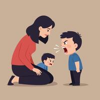 Child arguing with sibling while parent intervenes in flat art vector