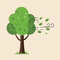 Green tree blowing in the wind with detailed flat design art vector