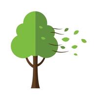 Green tree swaying in the wind with falling leaves in flat art vector