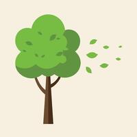 Green tree with blowing leaves in flat minimal style art vector
