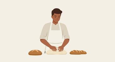 Baker preparing dough with skillful technique in flat art vector