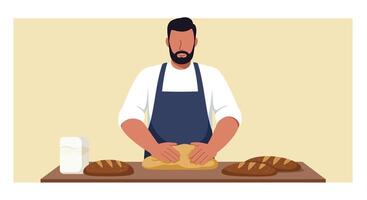 Baker preparing dough in minimal design style with bread loaves illustration vector