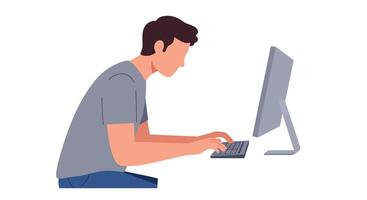 Man working diligently at computer desk in minimal flat art vector