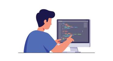 Person coding on computer screen in flat design style art vector