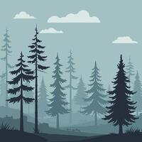 Lush green forest landscape with trees and clouds in minimal art vector