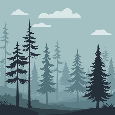 Lush green forest landscape with trees and clouds in minimal art