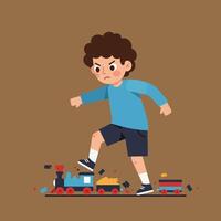 Angry child stepping on toy train in flat minimal art vector