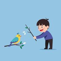 Child interacting with a colorful bird in a flat art style illustration vector