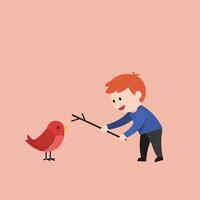 Child interacting with bird using a stick in flat art vector