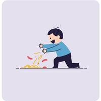 Boy joyfully running towards spilled spaghetti in flat art vector