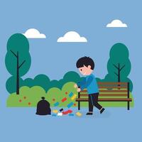 Boy throwing trash in park scene with flat design art vector