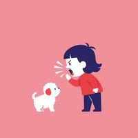 Child scolding fluffy white puppy in minimal flat design art vector