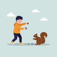 Boy throwing stones at a playful squirrel in flat art vector