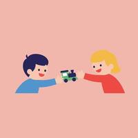 Children Sharing a Toy in a Minimal Flat Design Illustration vector