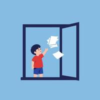 Child throwing papers out of window in flat art style vector