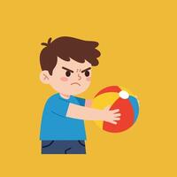 Angry boy holding a colorful beach ball in flat art style vector