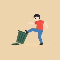 Boy kicking over trash can in a flat minimal art vector