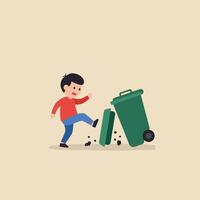 Child kicking over green trash can in minimal flat design art vector