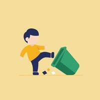 Person kicking over green trash can in flat and minimal art vector