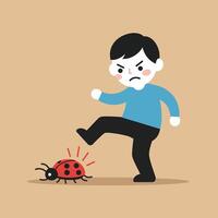 Angry boy stepping on a ladybug in flat art style vector