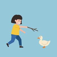 Child playing joyfully with a duck using a stick in flat art vector