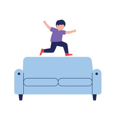 Child jumping on a soft blue sofa in flat illustration