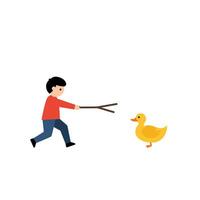 Child playing with a duck using a stick in flat art vector