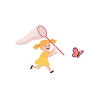 Girl catching a butterfly in a playful pose flat art vector