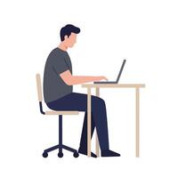 Man sitting at desk using laptop in flat art vector