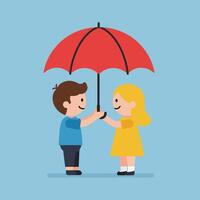 Children sharing a red umbrella in a playful scene, flat art vector