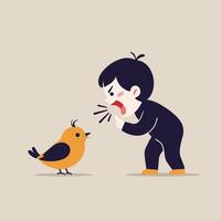 Boy interacting with a bird in a flat, minimal style illustration vector