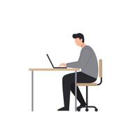 Man working at desk with laptop in minimal flat design art vector
